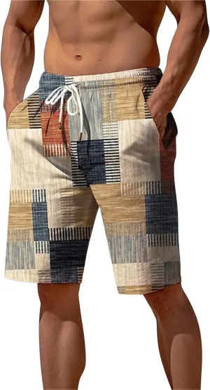 Mens Casual Hawaiian Shorts Summer Plaid Bermuda Short Pants Stretch Waist Classic Vintage Plaid Yoga Beach Shorts