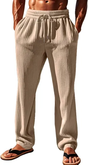 Men's Casual Pants Elastic Waist Drawstring Sweatpants Vertical Stripes Straight-Legs Pants Loose Trouser with Pockets