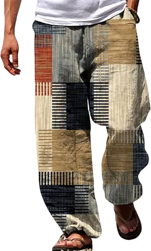 Mens Casual Pants Elastic Waist Wide Leg Stripes Patchwork Lightweight Trendy Pants Beach Yoga Trousers with Pockets