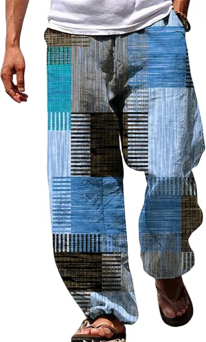 Mens Casual Pants Elastic Waist Wide Leg Stripes Patchwork Lightweight Trendy Pants Beach Yoga Trousers with Pockets