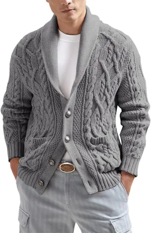 Mens Casual Slim Fit Cardigans Solid Color Cable Knit Shawl Collar Long Sleeve Button Down Fit Soft Sweater