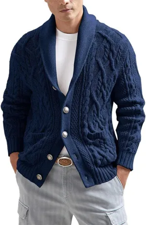 Mens Casual Slim Fit Cardigans Solid Color Cable Knit Shawl Collar Long Sleeve Button Down Fit Soft Sweater