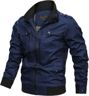 Mens Chic Cotton Military Jackets Stand Collar Long Sleeve Windbreaker with Zipper Casual Bomber Jackets