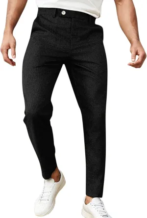 Mens Cotton Linen Drawstring Pants, Full Length Mid Waist Elastic Waistband Casual Jogger Yoga Pants Flexible Joggers