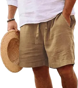 Men's Cotton Linen Elastic Waist Lounge Shorts Solid Beach Golf Shorts with Pockets Casual Drawstring Summer Shorts