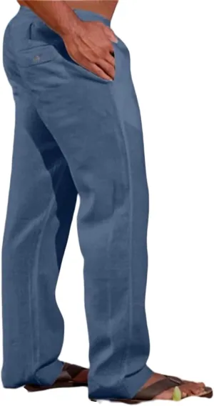 Men's Cotton Linen Pants Solid Color Baggy Trousers Drawstring Stretchy Pants Straight Leg Yoga Trousers for Vacation