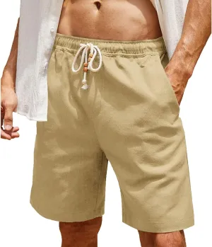 Men's Cotton Linen Shorts Casual Elastic Waist Drawstring Lightweight Short Pants Lounge Summer Beach Classic Shorts