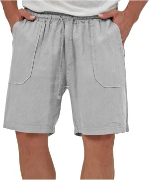 Men's Cotton Linen Shorts Drawstring Elastic Waist Casual Comfy Lightweight Shorts Summer Beach Shorts with Pockets