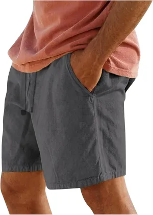 Mens Cotton Linen Shorts Summer Lightweight Casual Beach Shorts Drawstring Breathable Vacation Lounge Shorts