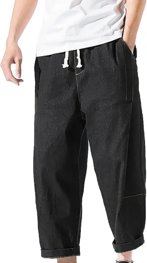 Men's Denim Pants Cropped Harem Trousers Stretchy Drawstring Straight Leg Casual Roll-Up Distressed Work Jean Jogger Pants