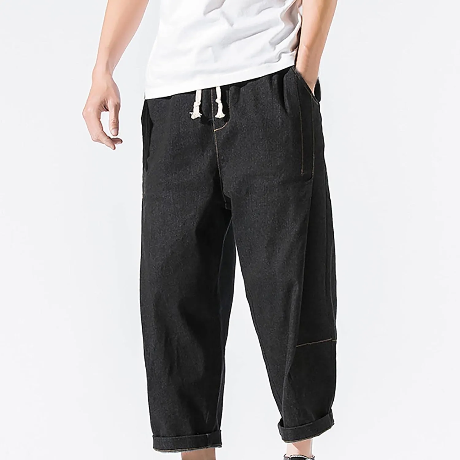 Men's Denim Pants Cropped Harem Trousers Stretchy Drawstring Straight Leg Casual Roll-Up Distressed Work Jean Jogger Pants