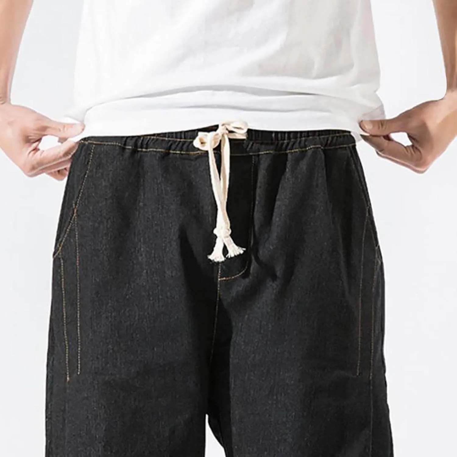 Men's Denim Pants Cropped Harem Trousers Stretchy Drawstring Straight Leg Casual Roll-Up Distressed Work Jean Jogger Pants