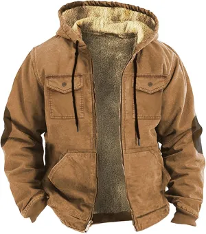 Mens Fleece Jacket Full Zip Sherpa Lined Warm Padded Winter Coats Plus Size Long Sleeve Retro Hoodies Jacket with Pockets