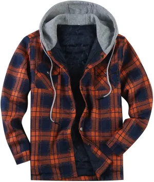 Men's Hooded Shirt Jacket Sherpa Lined Full Zip Plaid Shirt Jackets Flannel Quilted Long Sleeve Winter Warm Cotton Coat