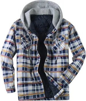 Men's Hooded Shirt Jacket Sherpa Lined Full Zip Plaid Shirt Jackets Flannel Quilted Long Sleeve Winter Warm Cotton Coat