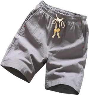 Men's Linen Cotton Shorts Summer Beach Drawstring Shorts with Pockets Casual Lightweight Vacation Lounge Shorts