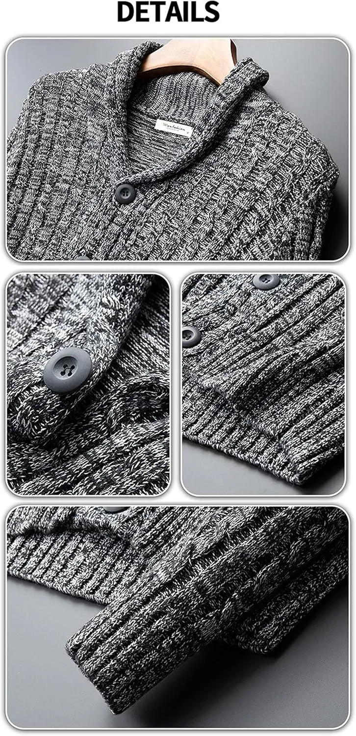 Men's Shawl Collar Cable Knitted Cardigan Button Down Knitwear Cotton Chunky Warm Sweater Coat