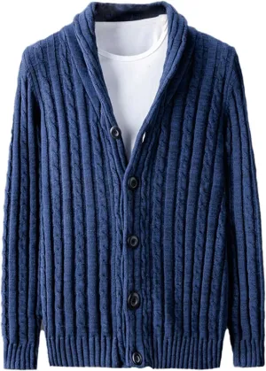 Men's Shawl Collar Cable Knitted Cardigan Button Down Knitwear Cotton Chunky Warm Sweater Coat