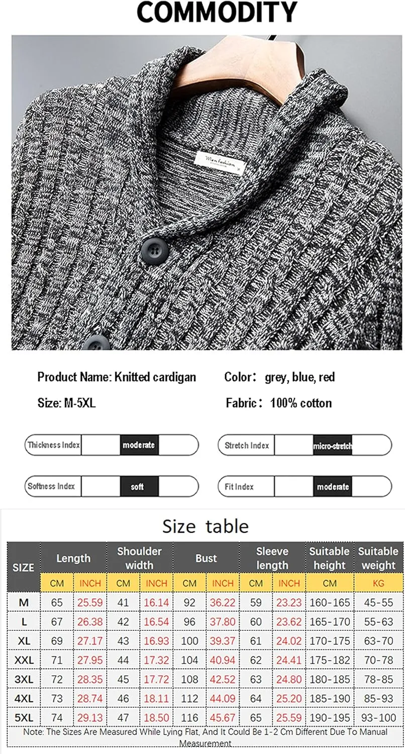 Men's Shawl Collar Cable Knitted Cardigan Button Down Knitwear Cotton Chunky Warm Sweater Coat