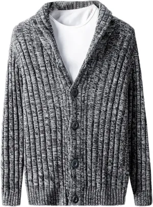 Men's Shawl Collar Cable Knitted Cardigan Button Down Knitwear Cotton Chunky Warm Sweater Coat
