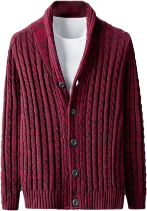 Men's Shawl Collar Cable Knitted Cardigan Button Down Knitwear Cotton Chunky Warm Sweater Coat