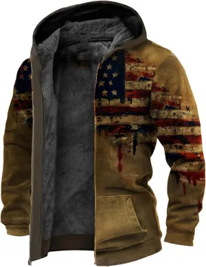 Men's Sherpa Lined Hooded Vintage Fleece Jacket Aztec Graphic Hoodies Winter Coats Plus Size Zipper Outwear with Pocket