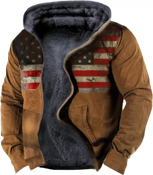 Men's Sherpa Lined Hooded Vintage Fleece Jacket Aztec Graphic Hoodies Winter Coats Plus Size Zipper Outwear with Pocket
