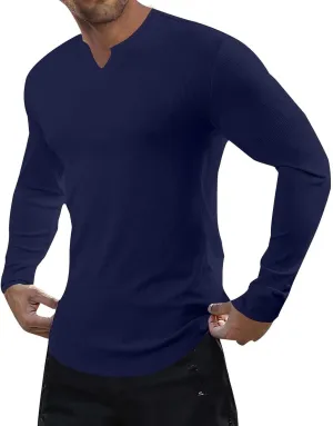 Men's V Neck Long Sleeve Shirts Tapered Henley Lightweight Blouse Pullover Slim Fit Muscle Longline Ribbed Tops