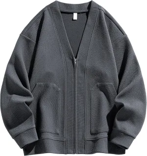 Men's V Neck Zip Up Knit Cardigan Comfort Soft Knitted Cardigans Fashion Sweater Loose Casual Coat