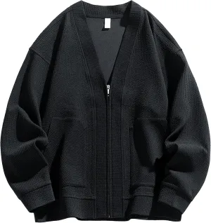 Men's V Neck Zip Up Knit Cardigan Comfort Soft Knitted Cardigans Fashion Sweater Loose Casual Coat