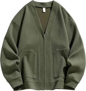 Men's V Neck Zip Up Knit Cardigan Comfort Soft Knitted Cardigans Fashion Sweater Loose Casual Coat
