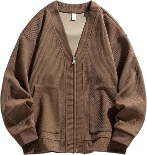 Men's V Neck Zip Up Knit Cardigan Comfort Soft Knitted Cardigans Fashion Sweater Loose Casual Coat