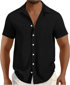 Men's Waffle Shirt Short Sleeve Button Down Shirts Summer Casual Beach Vacation Shirts Textured Wrinkle Free Shirt