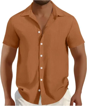 Men's Waffle Shirt Short Sleeve Button Down Shirts Summer Casual Beach Vacation Shirts Textured Wrinkle Free Shirt