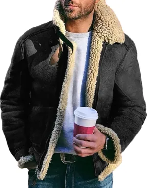 Mens Winter Coat Lamb Wool Bomber Coat Faux Leather Sherpa Fleece Lined Jackets Heavyweight Suede Faux Fur Trench Coat