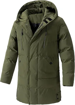 Mens Winter Jackets with Hood Full Zip Windproof Warm Padded Puffer Jacket Plus Size Lightweight Mid-Length Loose Down Coats