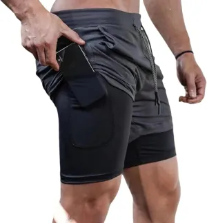 Men's Workout Running 2 in 1 Shorts, Lightweight Gym Training Running Quick Dry Shorts with Pockets Towel Loop