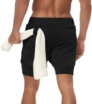 Men's Workout Running 2 in 1 Shorts, Lightweight Gym Training Running Quick Dry Shorts with Pockets Towel Loop