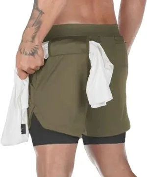 Men's Workout Running 2 in 1 Shorts, Lightweight Gym Training Running Quick Dry Shorts with Pockets Towel Loop