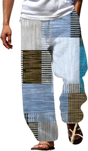 Miyaomn Trendy Stripes Patchwork Loose Casual Pants for Men Lightweight Elastic Waist Wide Leg Lounge Beach Pants with Pocket