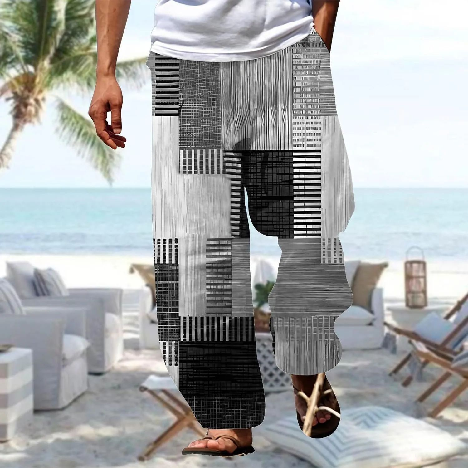 Miyaomn Trendy Stripes Patchwork Loose Casual Pants for Men Lightweight Elastic Waist Wide Leg Lounge Beach Pants with Pocket