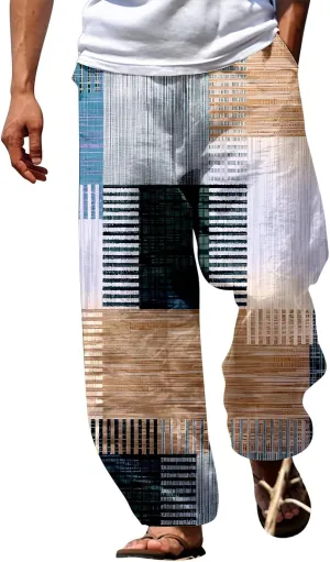 Miyaomn Trendy Stripes Patchwork Loose Casual Pants for Men Lightweight Elastic Waist Wide Leg Lounge Beach Pants with Pocket