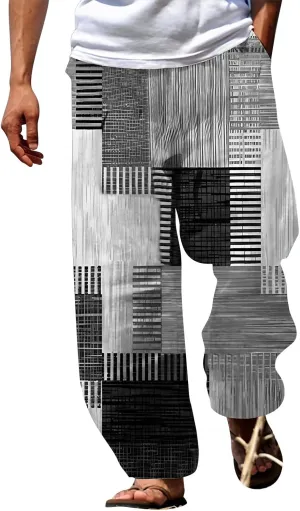 Miyaomn Trendy Stripes Patchwork Loose Casual Pants for Men Lightweight Elastic Waist Wide Leg Lounge Beach Pants with Pocket