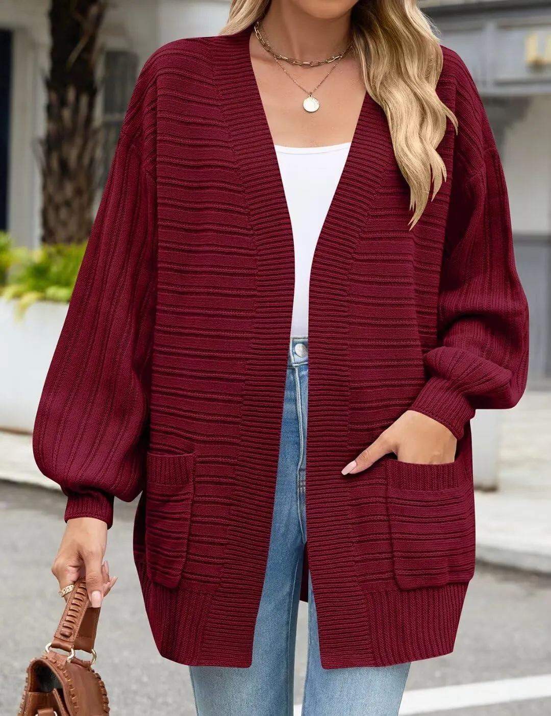 MONNURO Womens Plus Size Cardigan Sweaters Cable Knit Open Front Puff Long Sleeve Fall Coat with Pockets