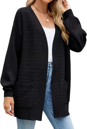 MONNURO Womens Plus Size Cardigan Sweaters Cable Knit Open Front Puff Long Sleeve Fall Coat with Pockets