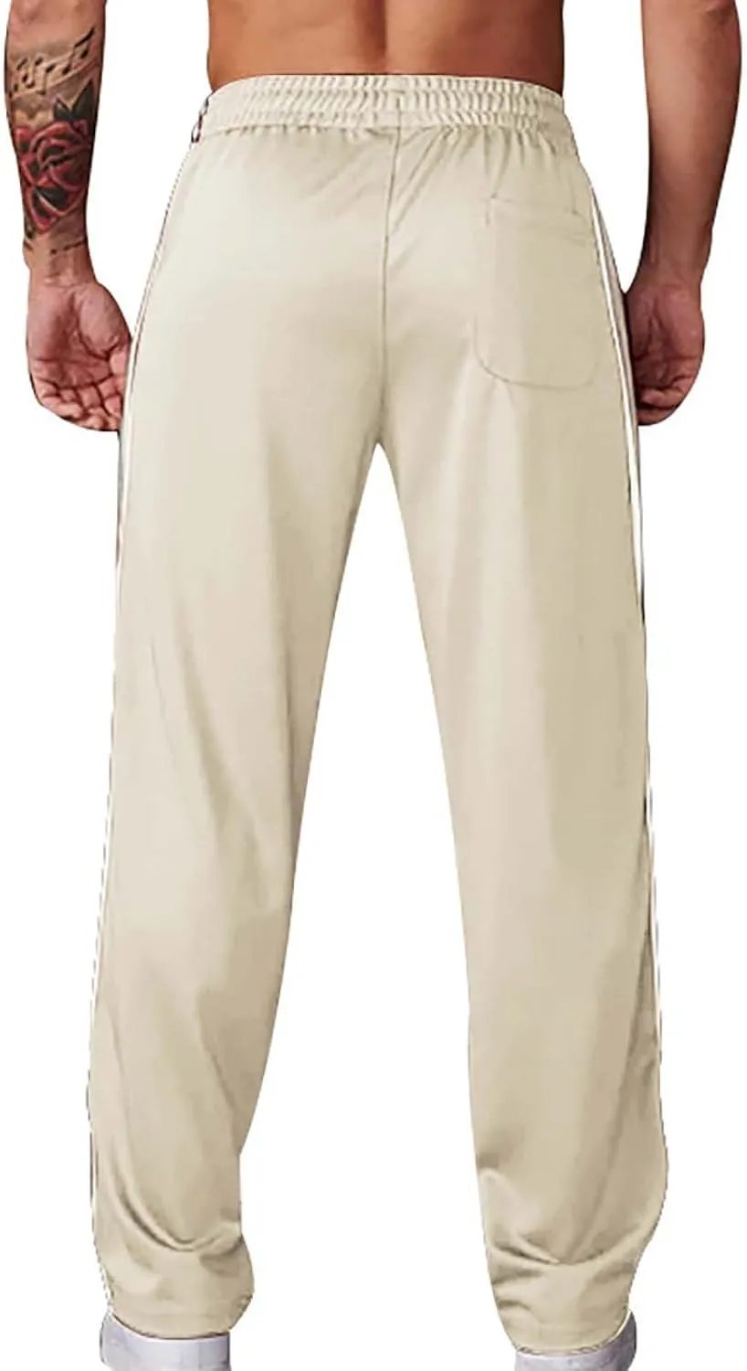 Open Bottom Sweatpants for Men Stripes Straight Leg Pants with Pockets Loose Fit Elastic Waist Drawstring Trousers
