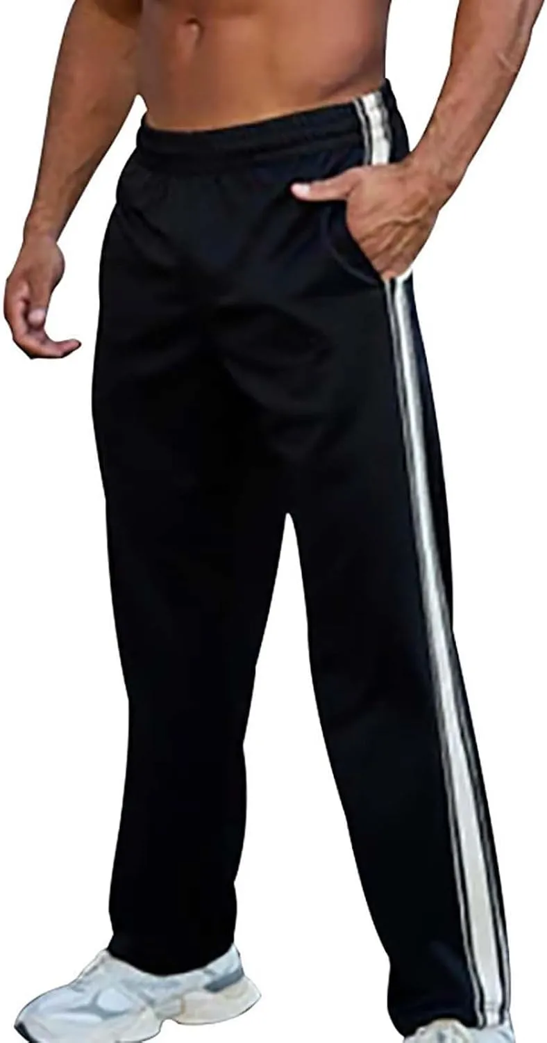 Open Bottom Sweatpants for Men Stripes Straight Leg Pants with Pockets Loose Fit Elastic Waist Drawstring Trousers
