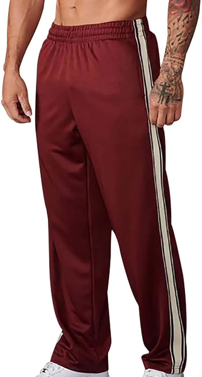 Open Bottom Sweatpants for Men Stripes Straight Leg Pants with Pockets Loose Fit Elastic Waist Drawstring Trousers