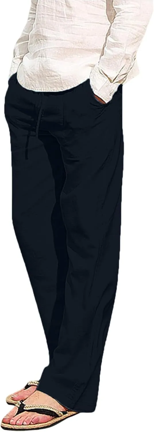 Pants for Men, Casual Pants Elastic Waist Drawstring Summer Cotton Jogger Pants, Linen Yoga Beach Trousers with Pockets