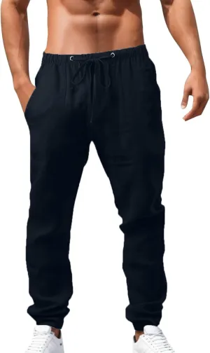 Pants for Men, Casual Pants Elastic Waist Drawstring Summer Cotton Jogger Pants, Linen Yoga Beach Trousers with Pockets